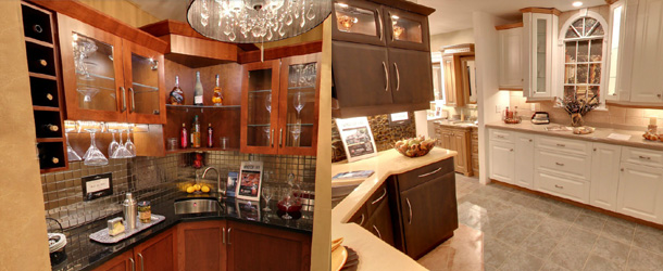 Our kitchen showroom display with cabinets and decorative lighting.
