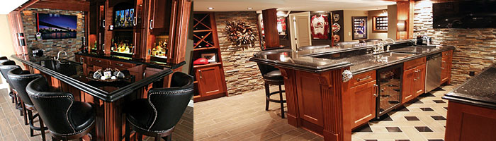 A large bar in a finished basement